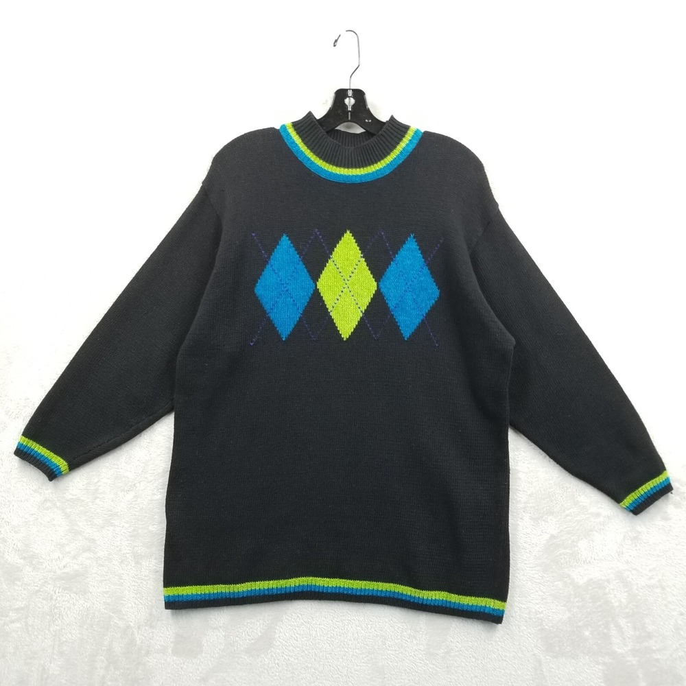 Vintage Sweater Women L Black‎ Argyle Moch Neck Chenille Trim Oversized Tunic